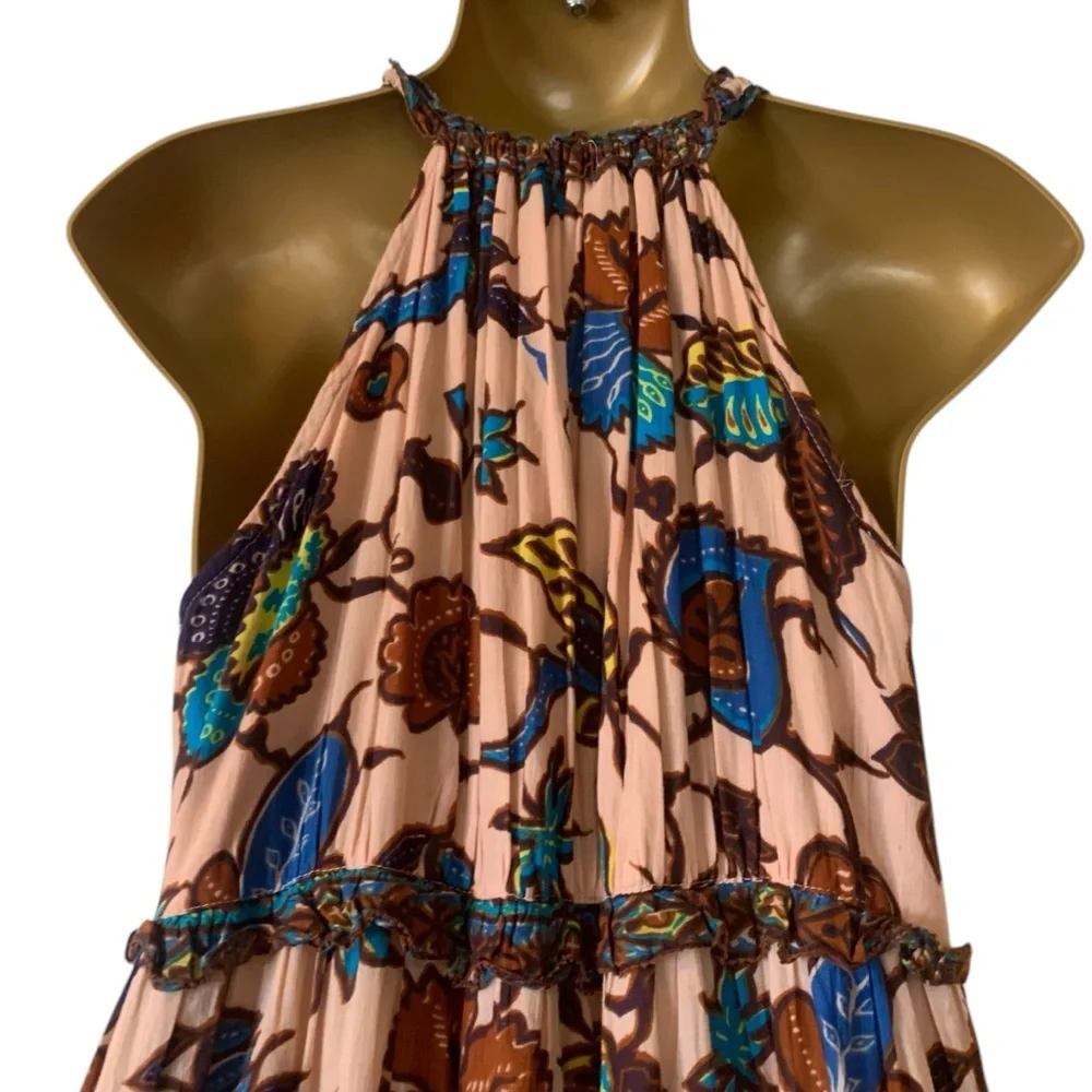 Anthro Love the label V-neck tiered ruffled maxi dress browns blues floral New S - Picture 15 of 16